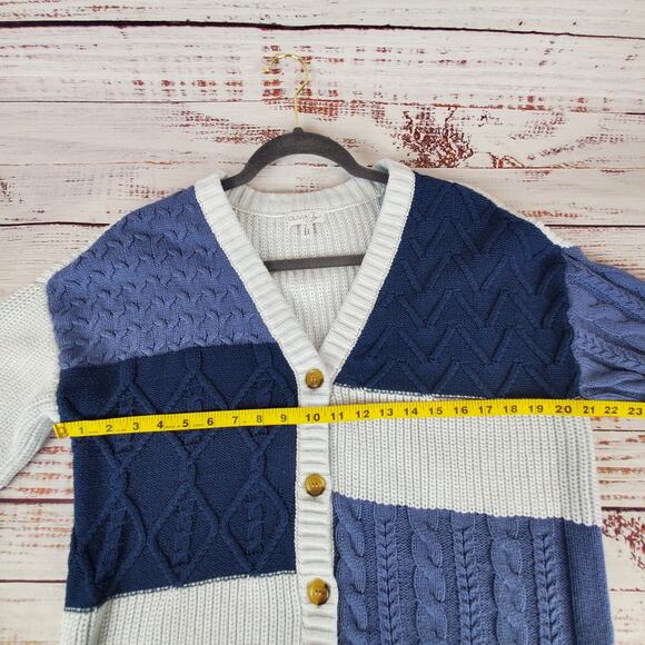 Olivia Sky Retro Grandma Sweater L Blue Chunky Mixed Media Knit Cozy Cardigan - Picture 8 of 11